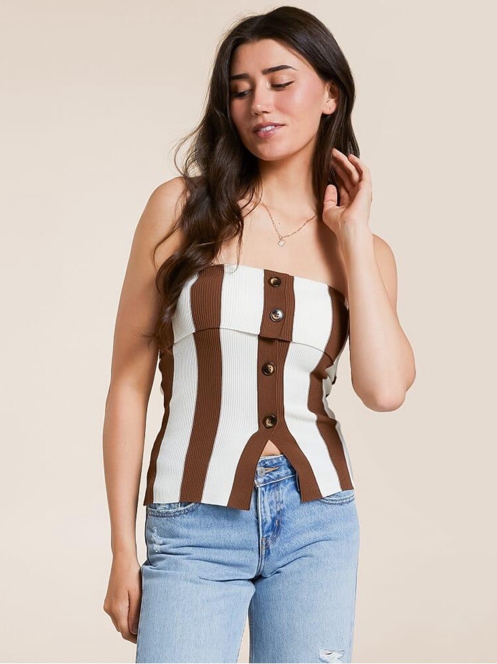 Buckle The Workshop Foldover Stripe Cream Chocolate Brown Tube Top Size L New